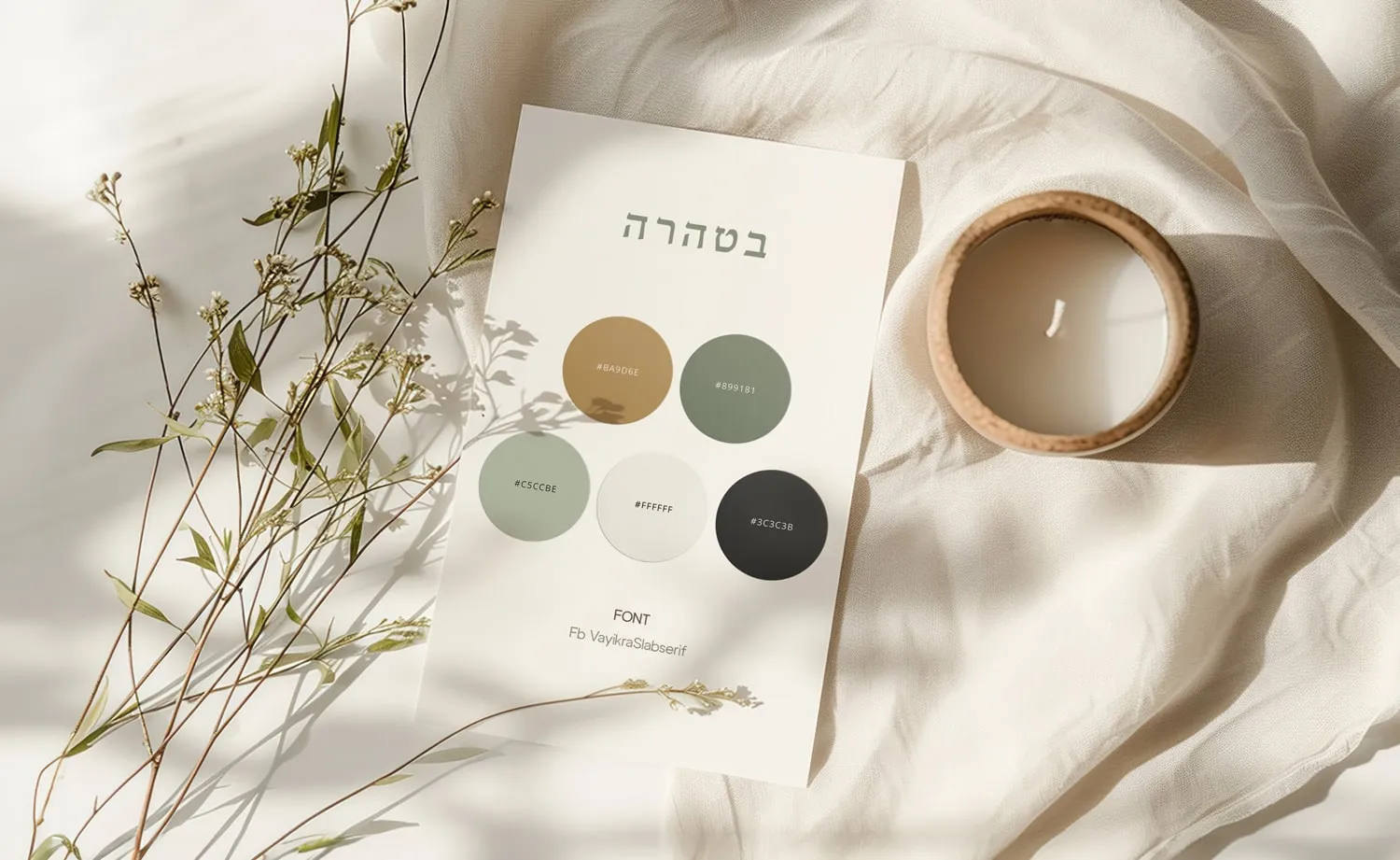 המיתוג של בטהרה: כרטיס עם פלטת הצבעים של המותג, ליד נר